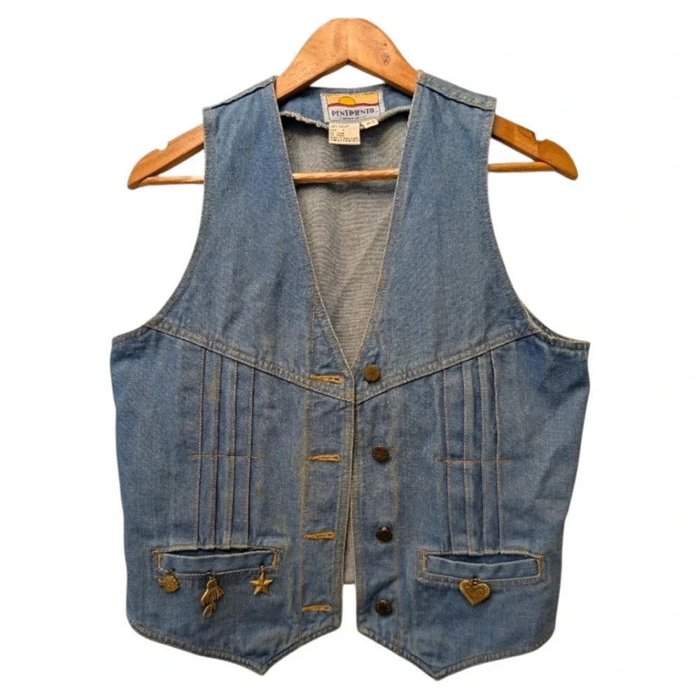 Vintage Pentimento Denim Vest Medium Wash Cinch Back Charms Womens Large B-7 - Picture 2 of 11